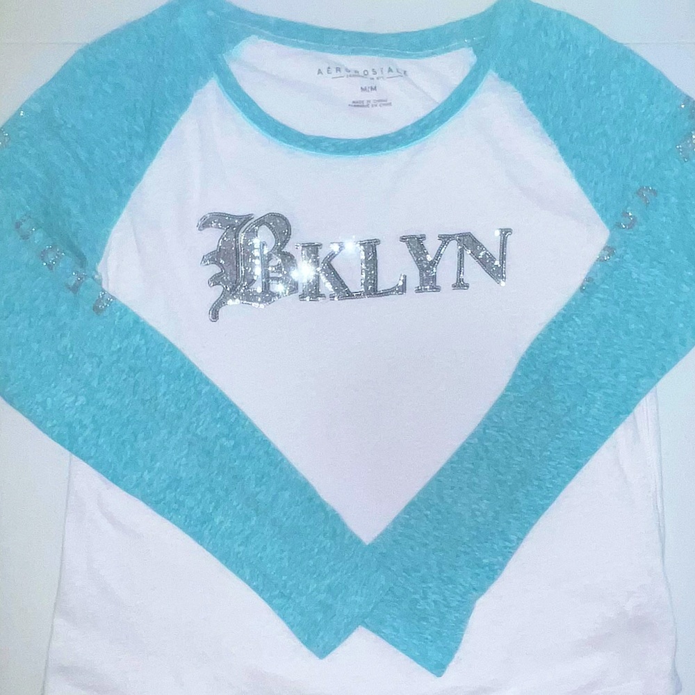 Aeropostale Brooklyn NY Medium womens silver bling tee 3/4 sleeve turquoise